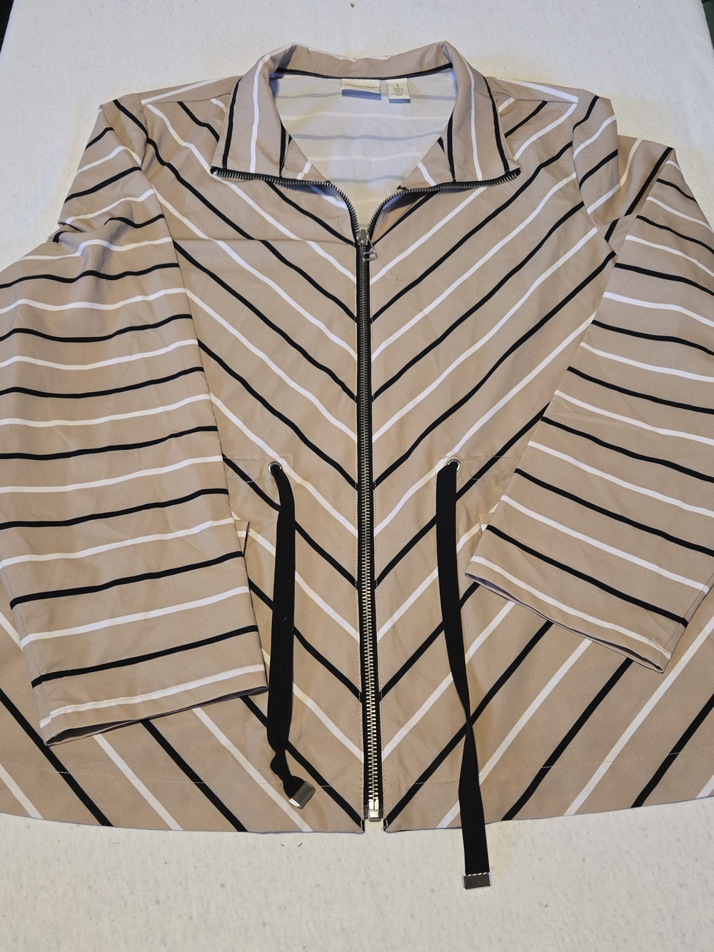 Chicos Jacket sz 1 Medium Tan Striped Full Zip Tie Waist Elevated Athleisure
